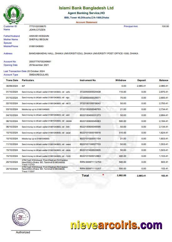 Bangladesh Islami Bank statement Word and PDF example